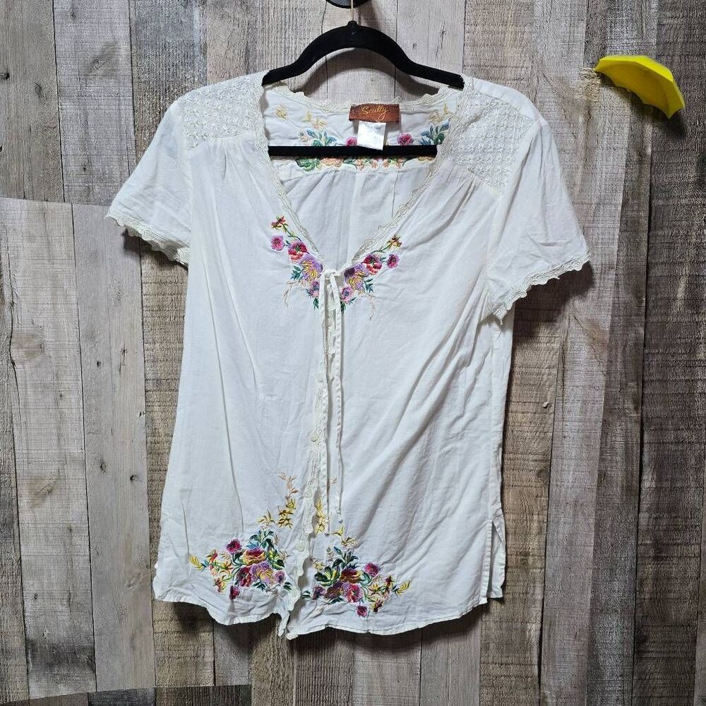 Scully Honey Creek Cream Floral Embroidered Blouse Large Boho Colorful Trendy - Picture 2 of 8